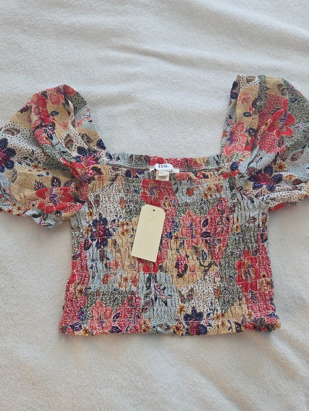 Smocked Floral Puff Sleeve Crop Top - Multicolor